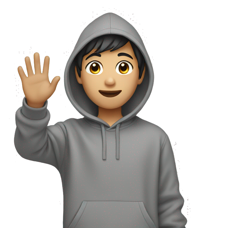 asian boy in grey hoodie waving emoji