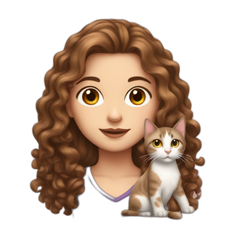 White Girl with long curly brown hair with a cat emoji