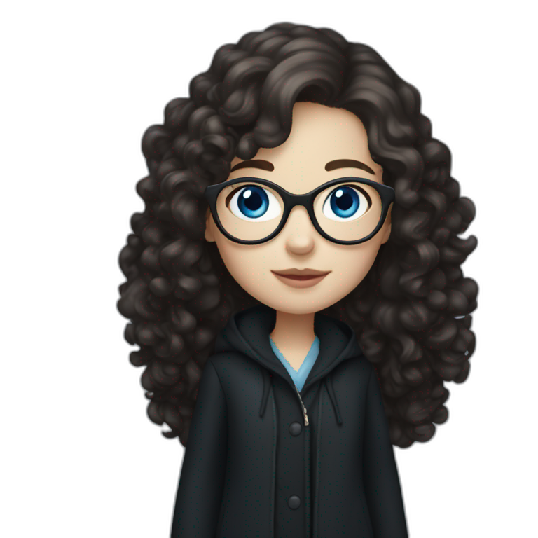 full length girl in a black coat, glasses with big blue eyes and white skin and curly dark browny long hair emoji