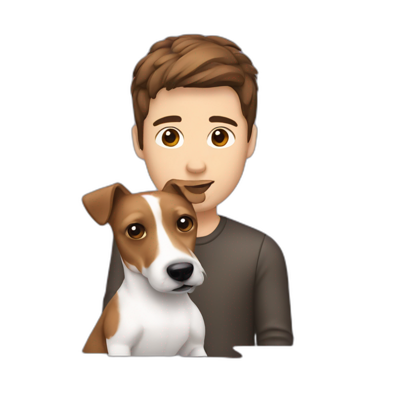 Man with modern hair cut brown hair with jack russell terrier dog emoji