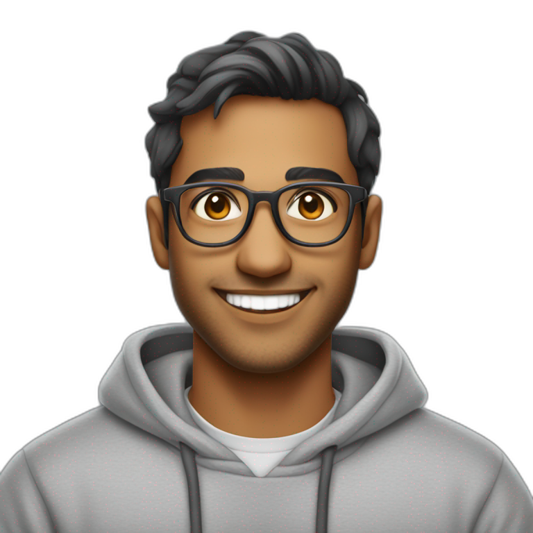 25 year old indian silicon valley creator economy startup founder smiling wearing glasses in a gray sweatshirt emoji