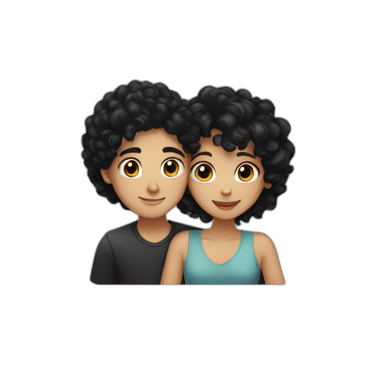 Boy with black hair and girl with curly black hair hugging emoji