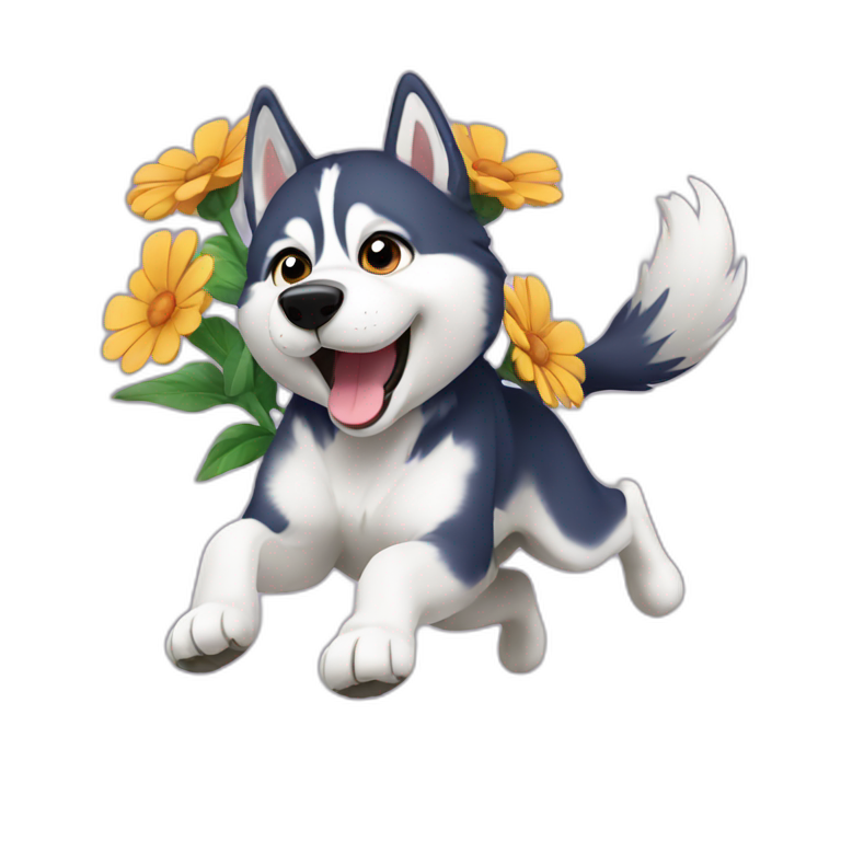 Husky jumping over a flower emoji
