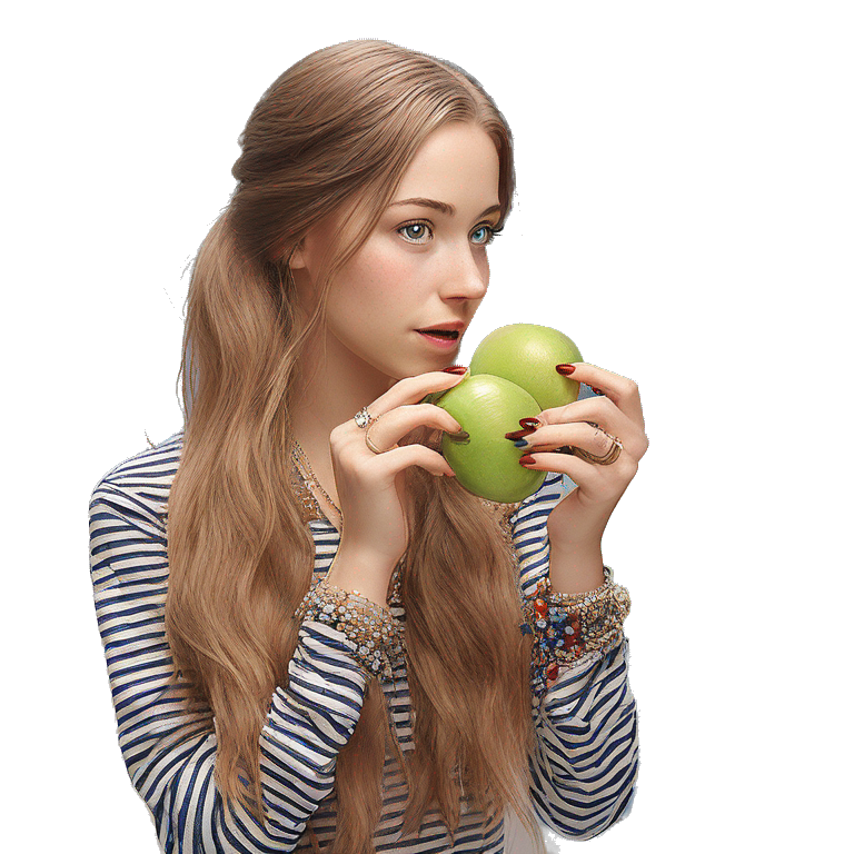girl holding fruit and jewelry emoji