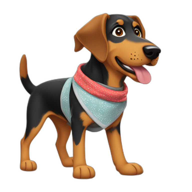 coonhound and German shepherd mix dog wearing bandana and walking emoji