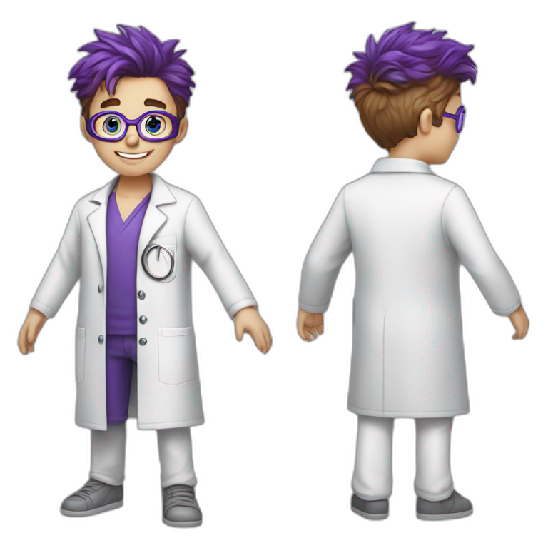 A younge boy with caucasian skin and a lab coat with a blue undershirt, purple crazy hair and goggles emoji