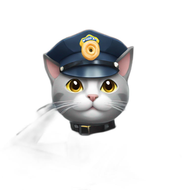 grey cat in a police hat in a police car outside a doughnut shop emoji