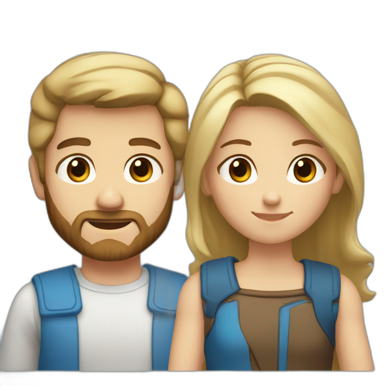 Couple consisting of a boy with blonde hair and blue eyes and beard and a girl with brown straight hair and brown eyes emoji