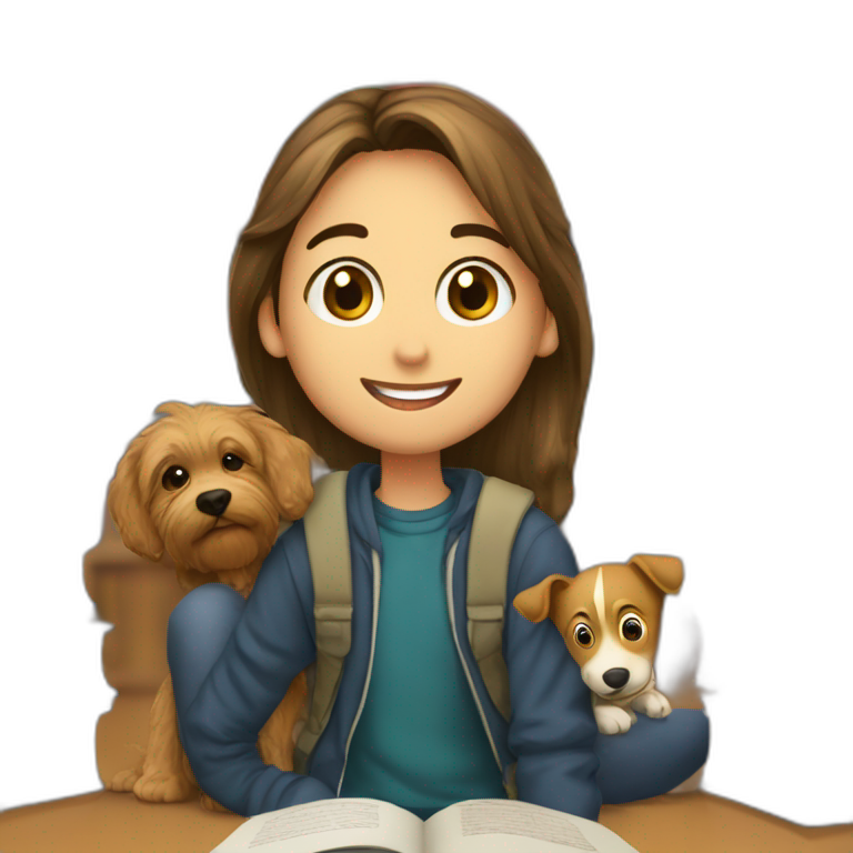imagen estilizada de un estudiante junto a sus libros y una mascota emoji