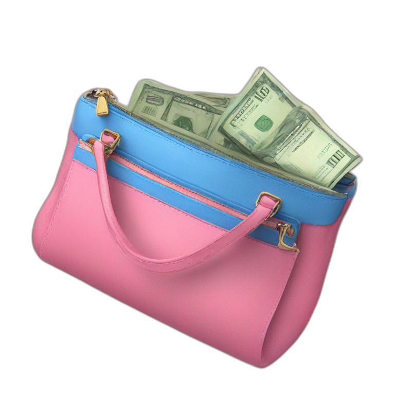 pink money bills in a blue purse. emoji