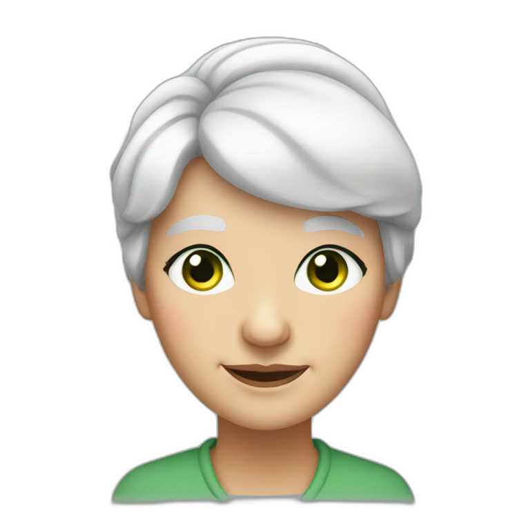 old woman grandma with white hair in a bun, white skin, green eyes emoji