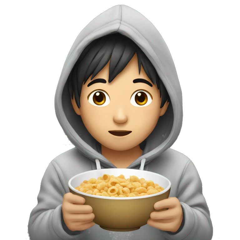 Asian boy in hoodie eating cereal emoji