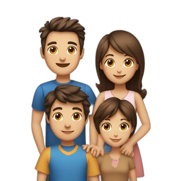 a family with a mother with brown hair and blue eyes, a father with black hair and brown eyes, two boys with brown hair and brown eyes, and a girl with brown bangs and brown eyes. emoji