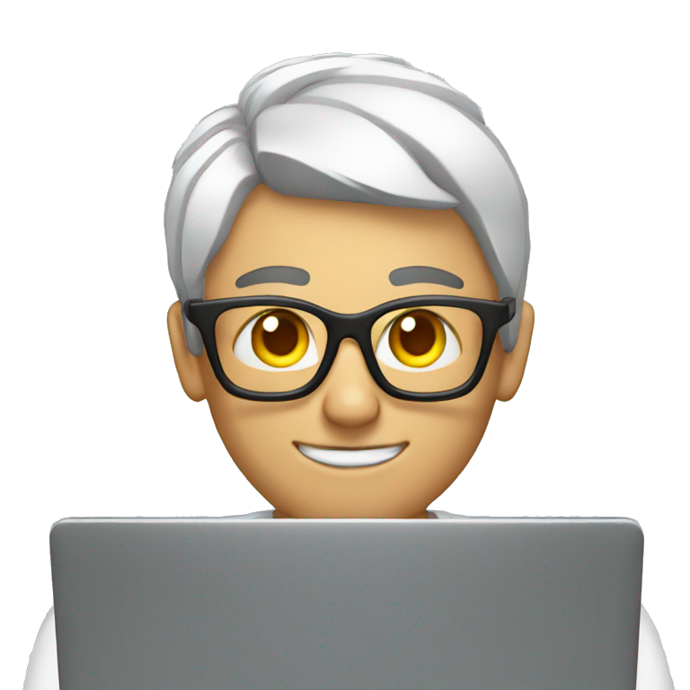 muscular white nerd in front of laptop coding emoji