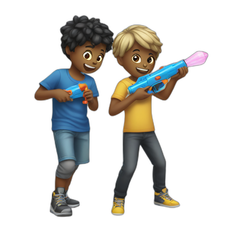 two kids playing with metal watergun emoji
