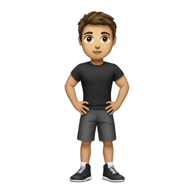 A boy with a tshirt and brown hair and black shoes and brown eyes and with a kickbox emoji
