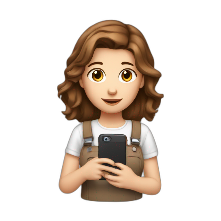 White cute girl with brown hair holding phone emoji