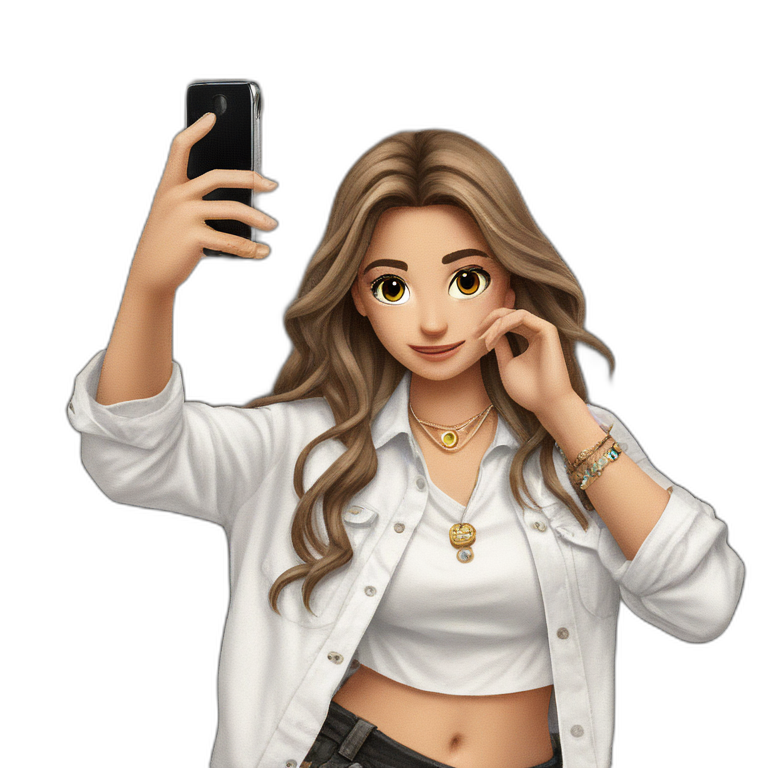 brown-haired girl holding cellphone emoji