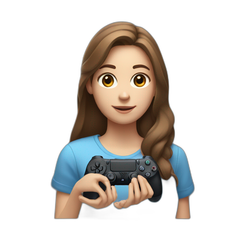 Caucasian Girl with long Brown hair holding the back of a playstation 4 controller looking at a screen emoji
