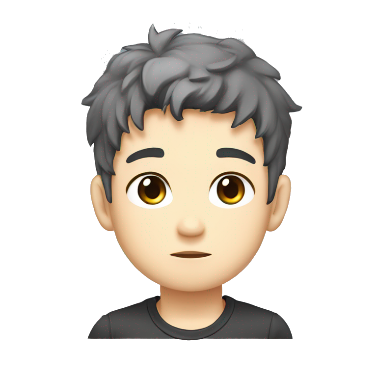 logo illustrated boy  bored face, chibi anime style, head and shoulders only, light brown eyes, short black and gray hair, dark gray polo shirt emoji