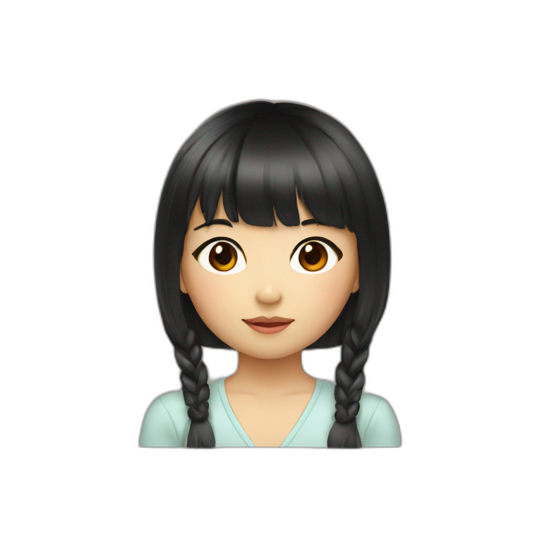 little asian girl with bangs and black long hair, brown eyes emoji