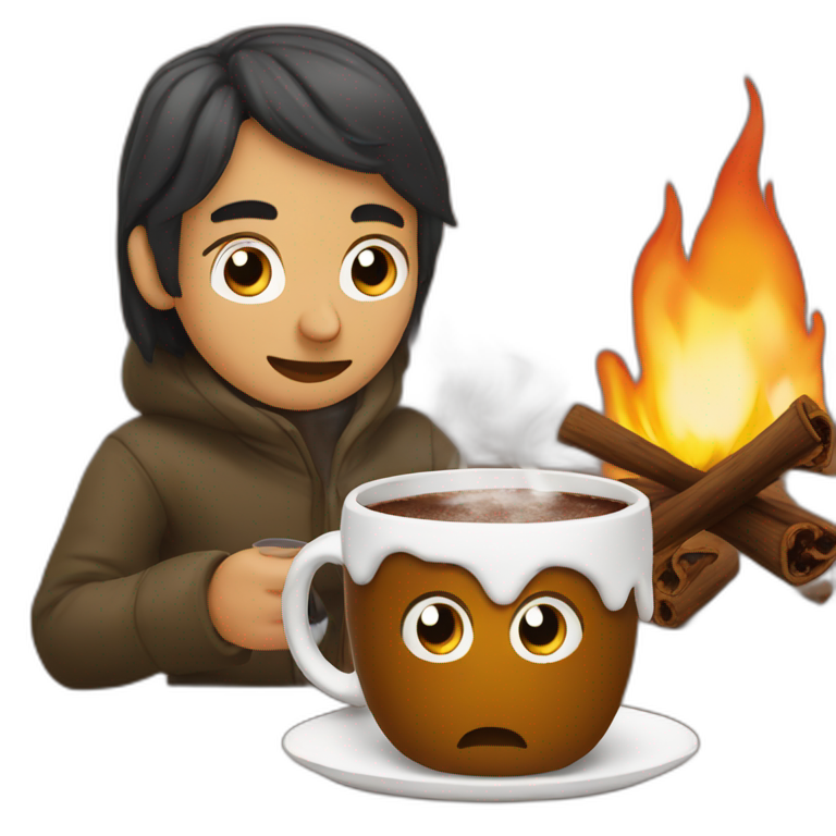 Zemmour drinking hot chocolate around a fire emoji