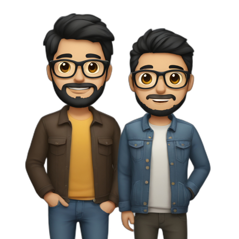 Gay couple of a 32 years old Colombian man with beard and glasses, black hair and brown holding hand with a Vietnamese man, 21 years old, no beard, with glasses emoji