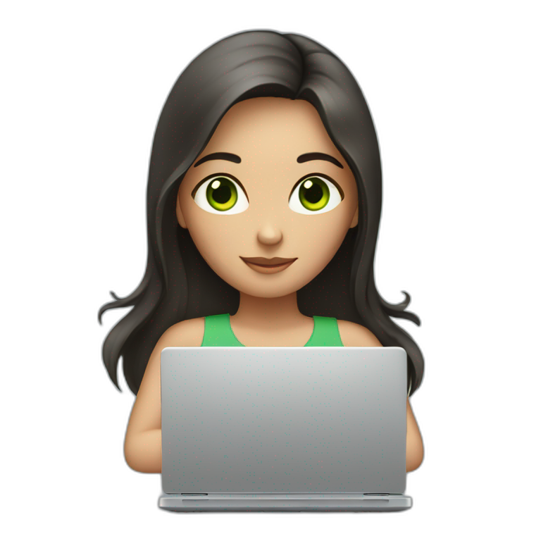 Girl with long dark hair, green eyes and laptop emoji