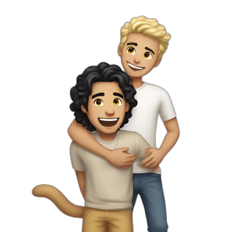 Gay couple, 1 guy Latino black straight hair and 1 Australian guy with blonde slightly curly hair with a cat laughing full body by emoji