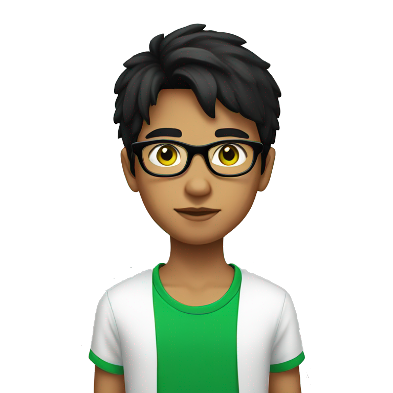 Young boy with black hair green eyes and black glasses wearing a white T-shirt emoji