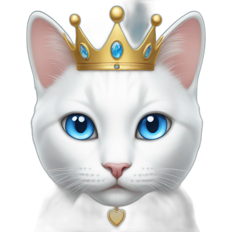 white cat with blue eyes, a "Ma" locket and a crown on her head emoji