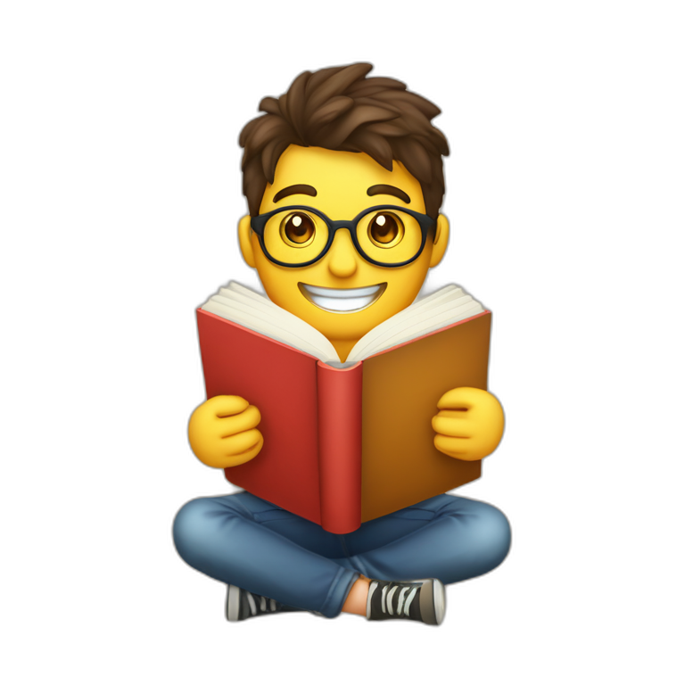 joven estudiante atiborrado de libros, sonriente y muy feliz con un libro en sus manos y en su cabeza emoji