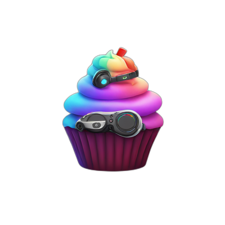 an rgb cupcake with a gaming headset on the top of it emoji
