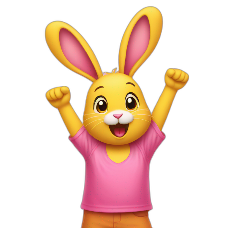 pink rabbit in yellow teeshirt arms up emoji