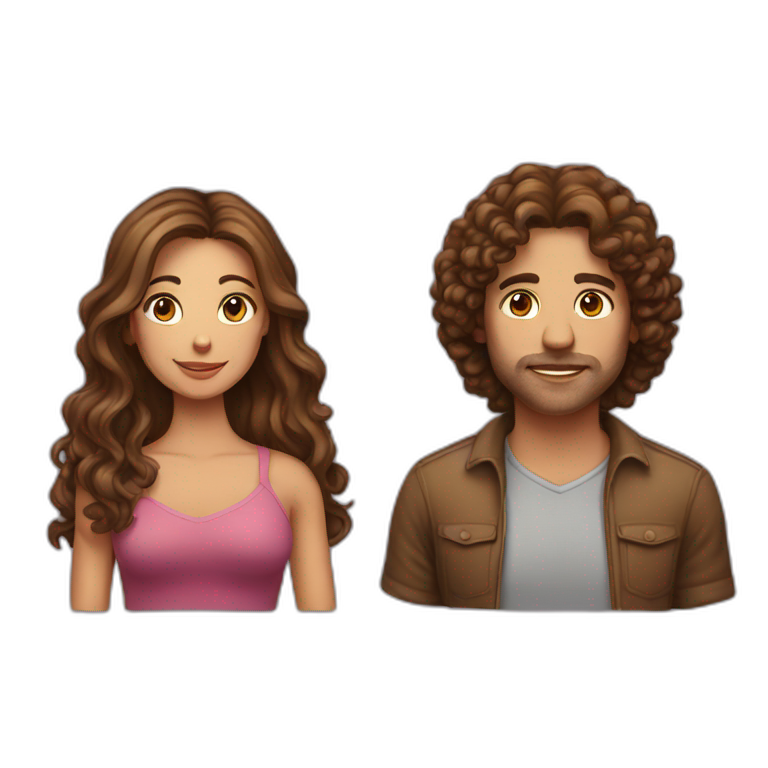 a heterosexual couple, woman with brown long hair, man with brown curly hair emoji