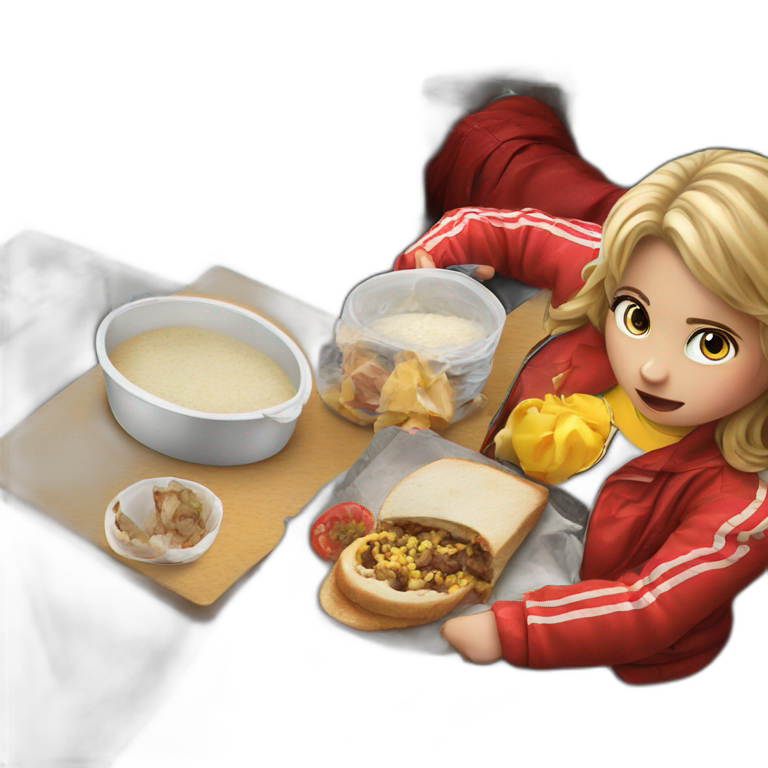 blonde girl eating jacket food emoji
