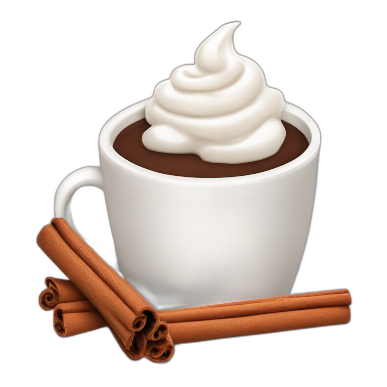 white mug of hot chocolate with whipped cream and cinnamon emoji