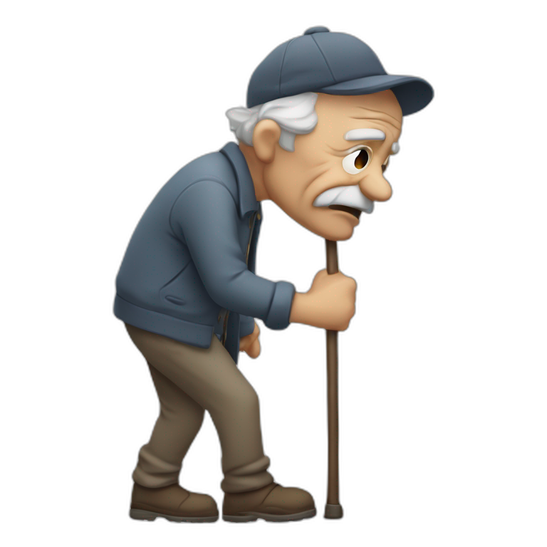 Old man leaning on a walking cane and holding his crancky back with his hand, grumpy face, detailed emoji