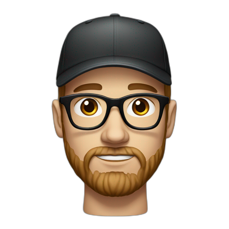 White man with brown hair and a brown beard, has thick eyebrows is wearing black sight glasses. Big nose. Small brown eyes. Wearing a Nike cap. Serious expression emoji