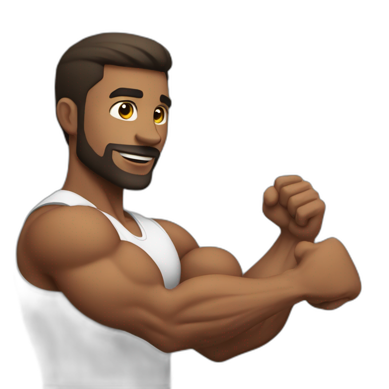 Fitness trainer man demonstrates biceps emoji