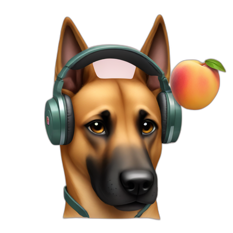 malinois dog with headphone eating peach emoji