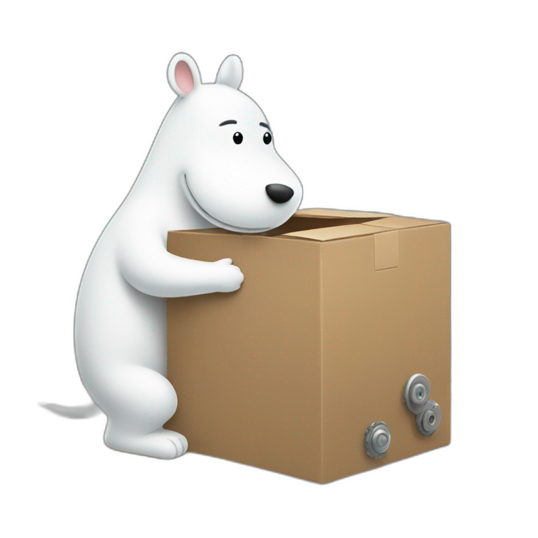 Moomin handles a box with gear emoji