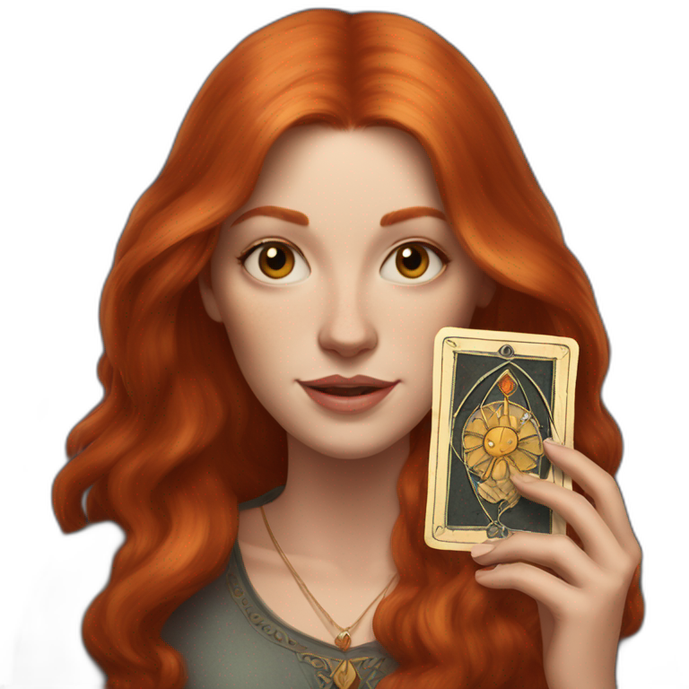 redhead white woman medium long straight hair, holding a tarot card in her hand emoji