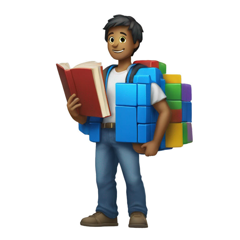 white and blue rubik's cube holding a book in his hands emoji
