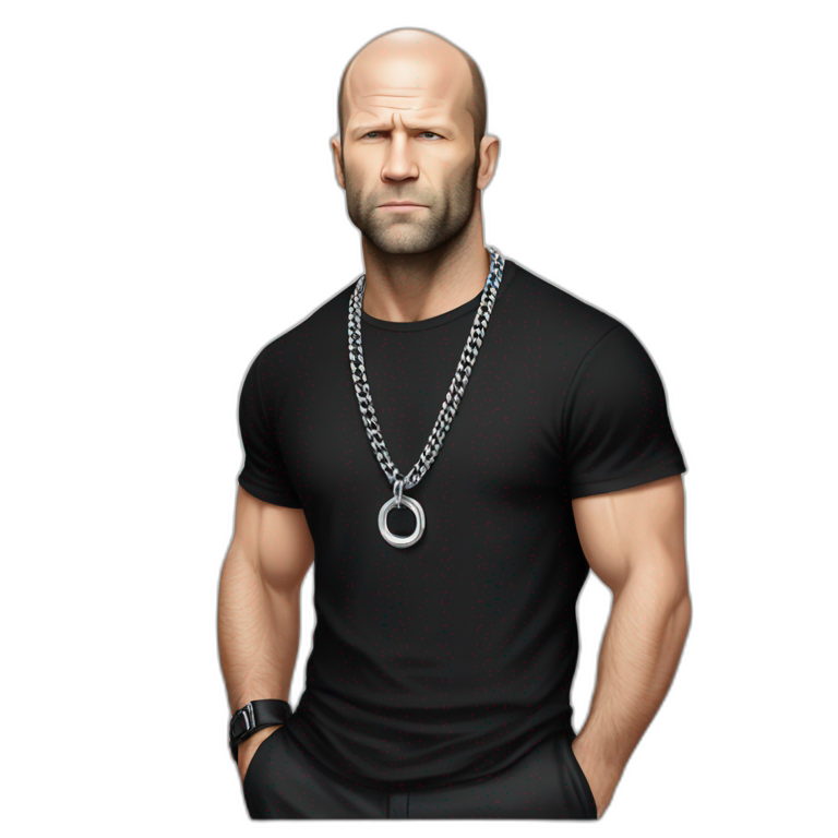 Jason Statham wearing men silver chain on a black tshirt,styled,cool emoji