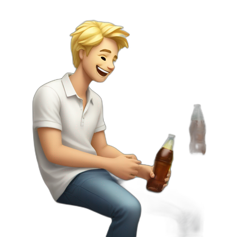 A blond male student in a white shirt with a bottle of soda in an open pose laughs on a bench emoji