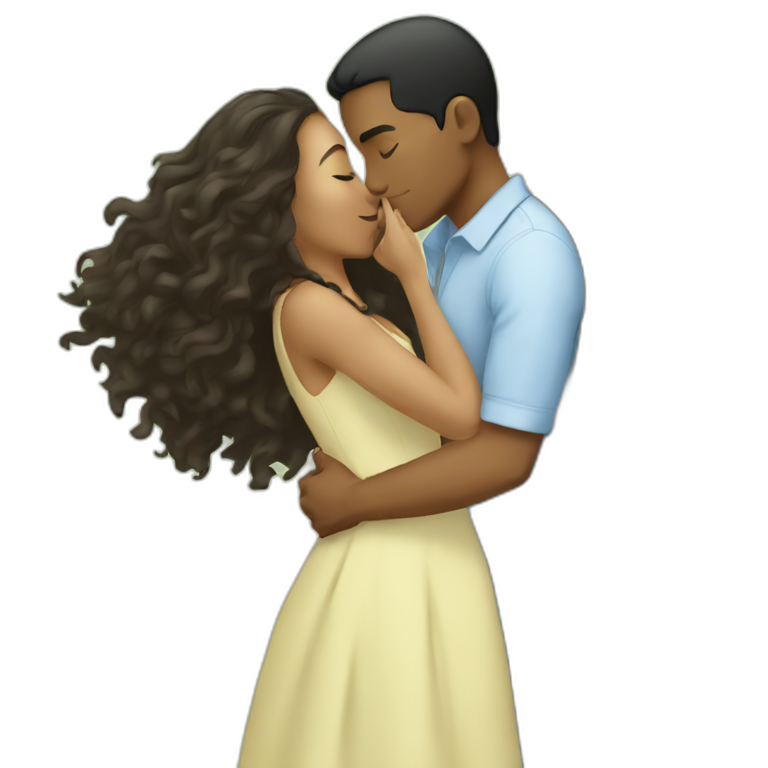 A mixed race man kissing a tree woman emoji