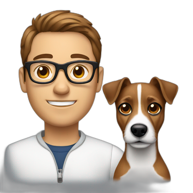 man with glasses with modern cut brown hair with jack russell terrier dog emoji