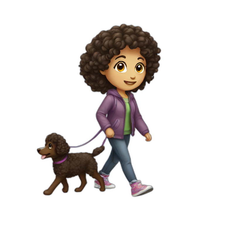 dark curly haired European young woman, walking her dog emoji