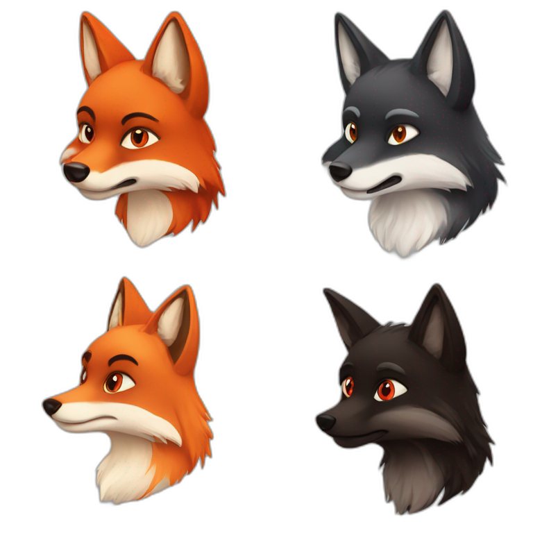 one red fox  one black fox one brown fox with red eyes emoji
